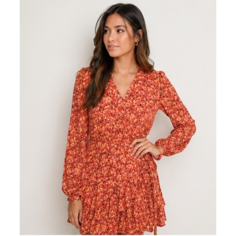 Francesca's Alani Floral Wrap Mini Dress Small | Long Sleeve Ruffle Boho